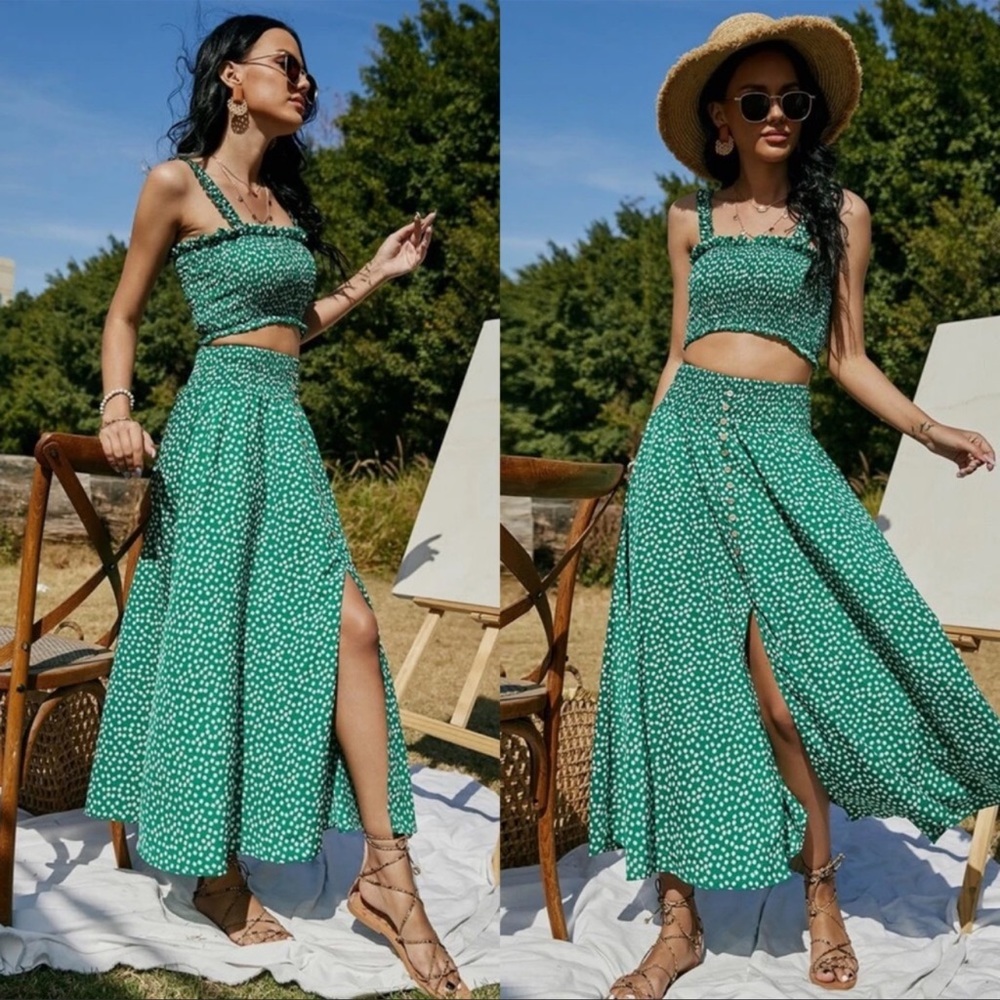 Green With White Flowers Corset and Skirt Set